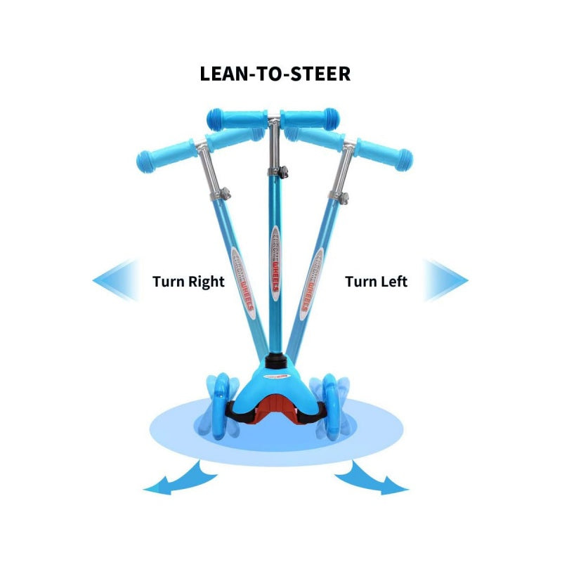 Blue scooter with lean-to-steer feature on a white background