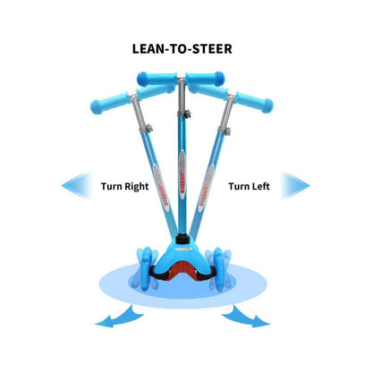 Blue scooter with lean-to-steer feature on a white background