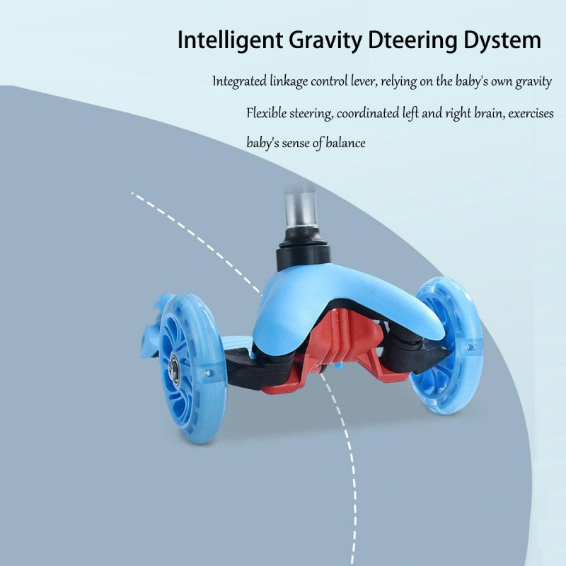 Toy with blue wheels and red accents on a light blue background, featuring text about an intelligent gravity steering system.