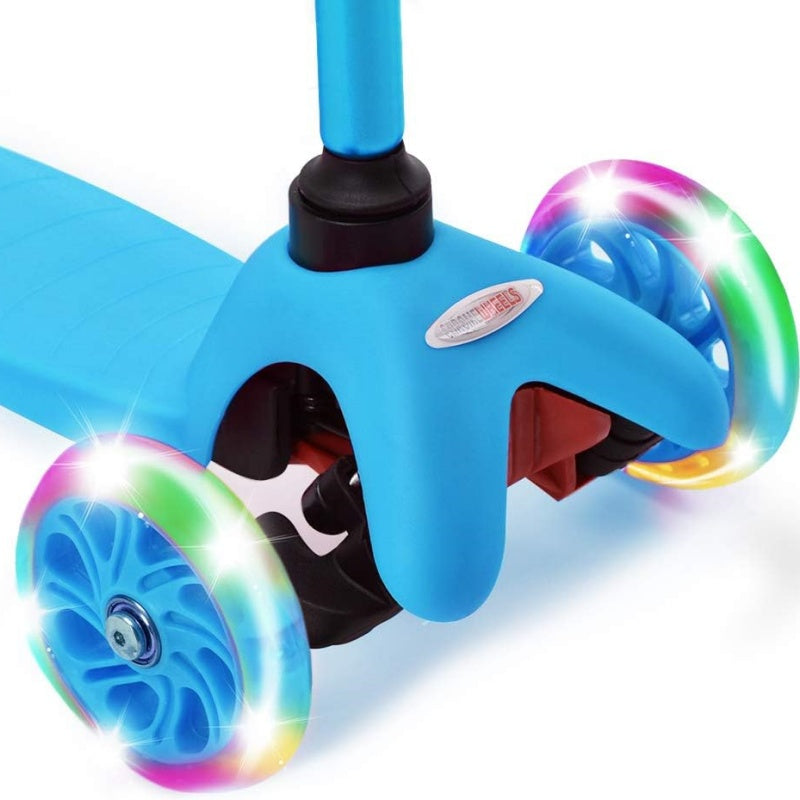 Blue children's scooter with colorful LED wheels on a white background