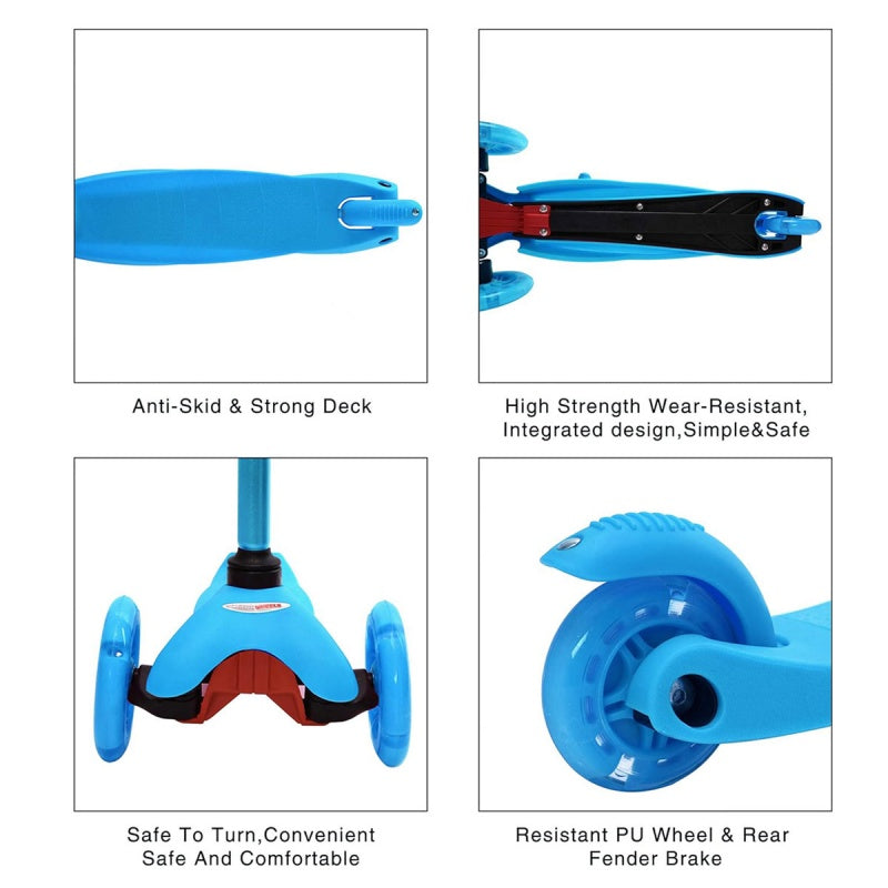 Blue scooter with features highlighted on a white background