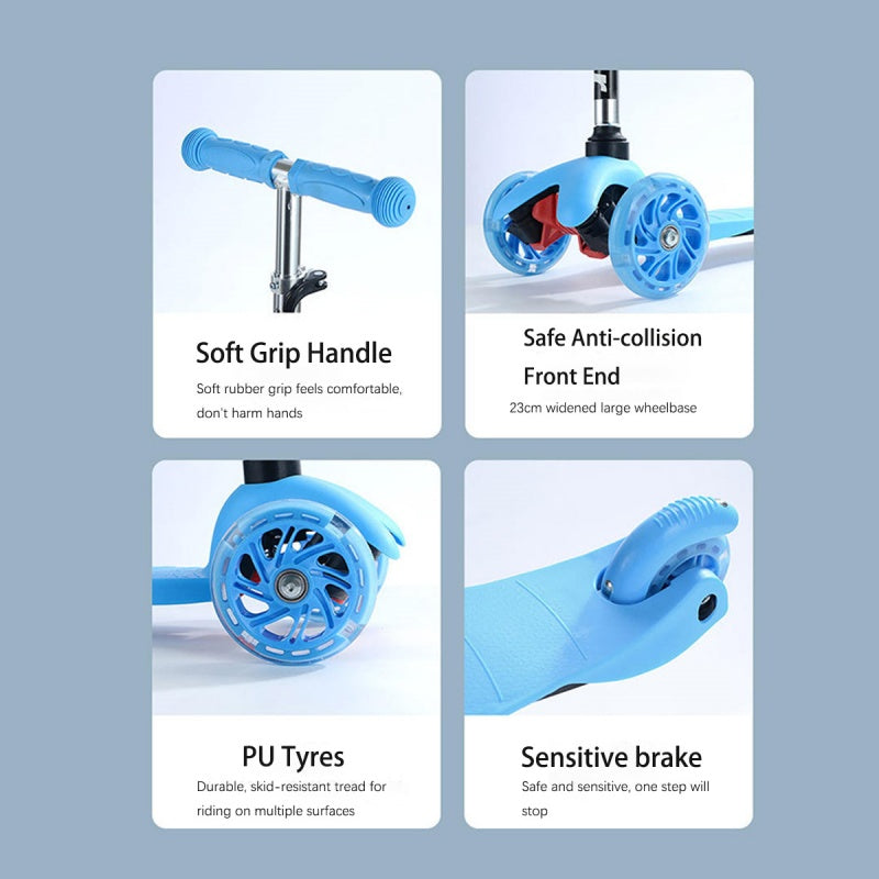 Blue scooter with features highlighted on a gray background