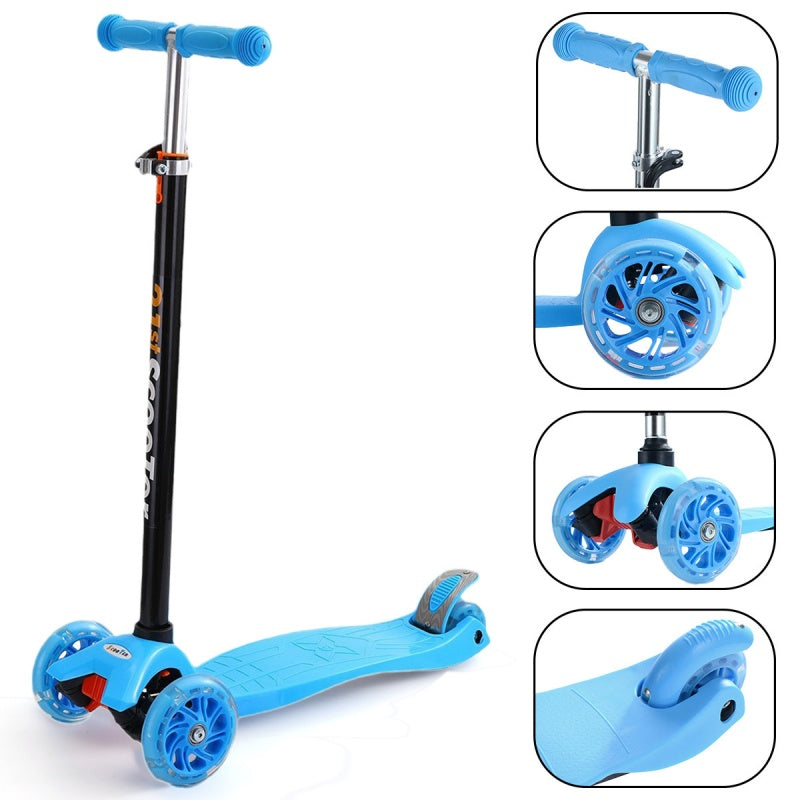 Blue scooter with detailed views on a white background