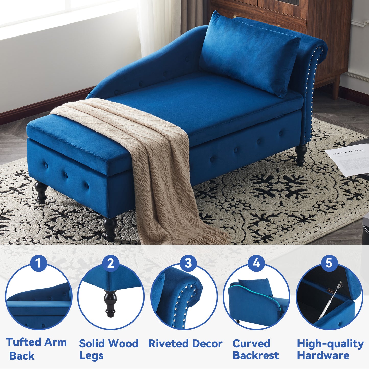 Blue tufted chaise lounge with beige blanket on a patterned rug, surrounded by feature icons and descriptions.