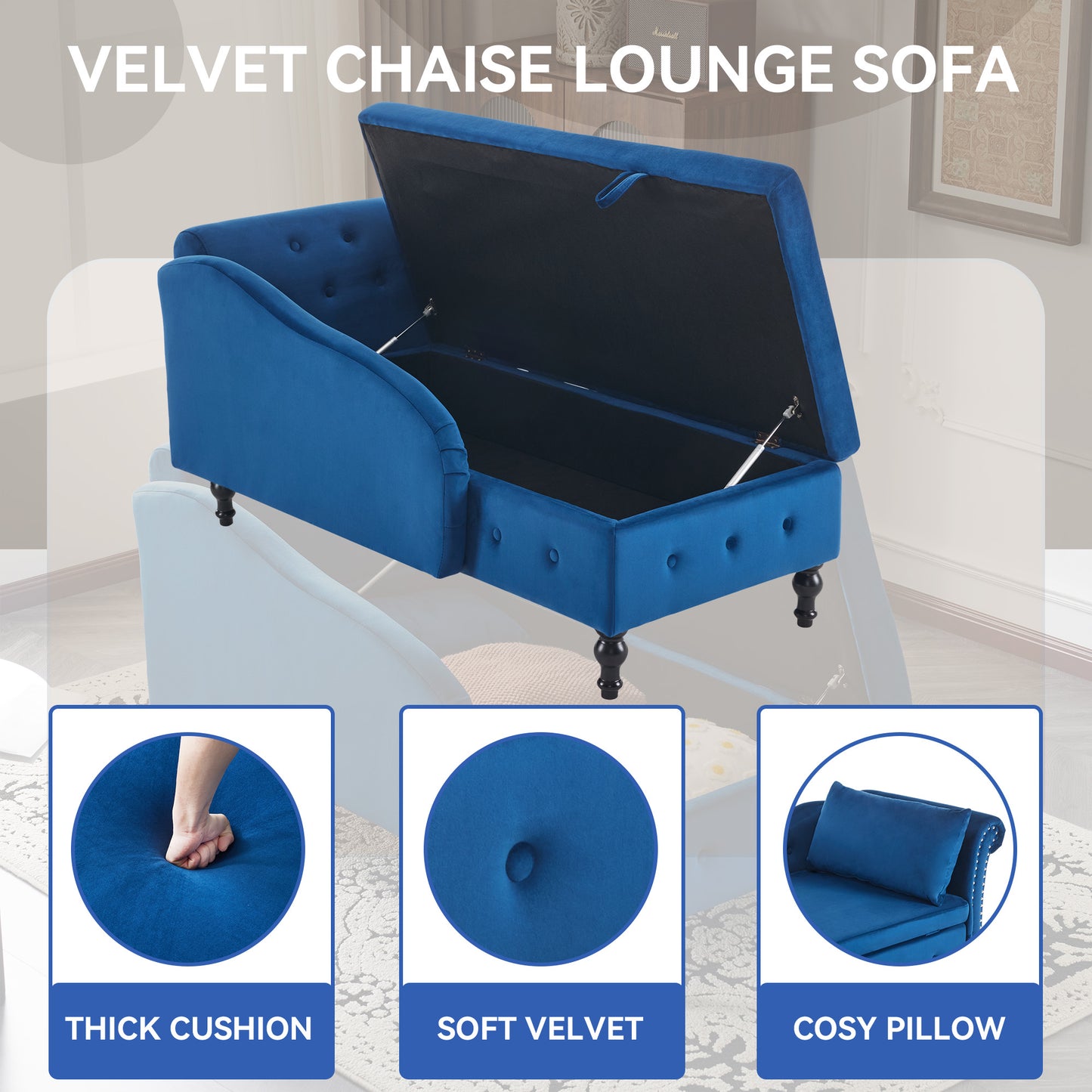 Blue velvet chaise lounge sofa with open storage compartment, showing thick cushion, soft velvet, and cozy pillow features.