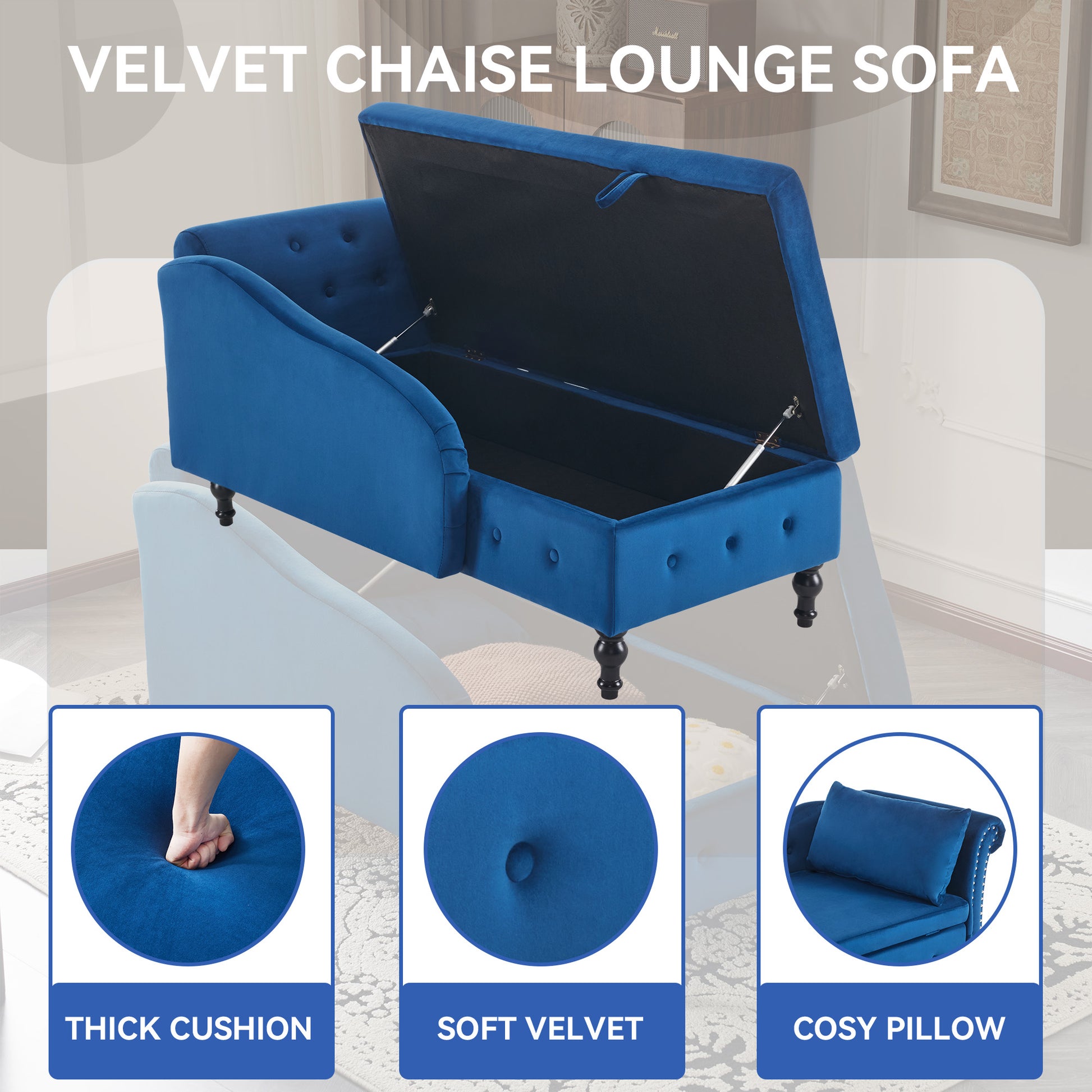 Blue velvet chaise lounge sofa with open storage compartment, showing thick cushion, soft velvet, and cozy pillow features.