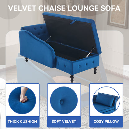 Blue velvet chaise lounge sofa with open storage compartment, showing thick cushion, soft velvet, and cozy pillow features.