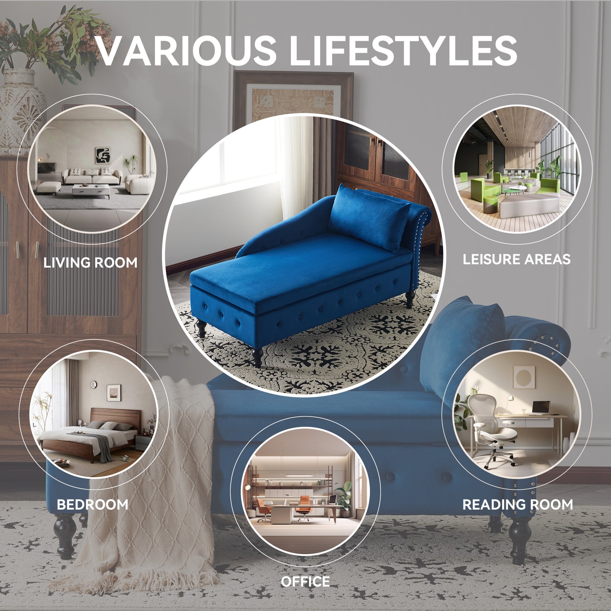 Blue sofa in a living room setting with lifestyle icons around it.