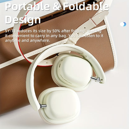 White headphones with text about their portable and foldable design.