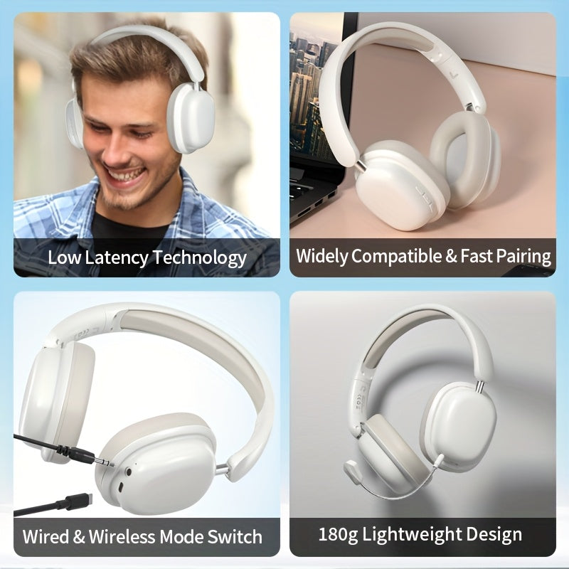 White headphones with features highlighted on a light blue background