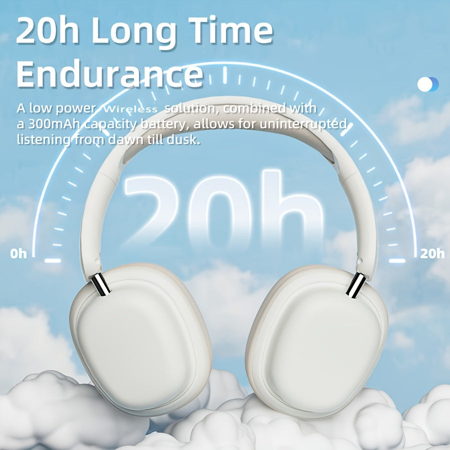 White headphones with '20h Long Time Endurance' text against a blue sky background