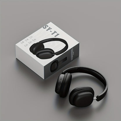 Black headphones with SY-T1 packaging on a gray background