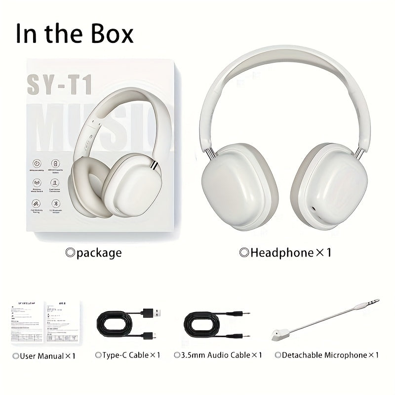 White headphones with packaging and accessories listed on a white background