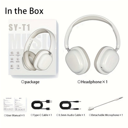 White headphones with packaging and accessories listed on a white background