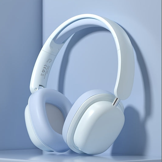 White headphones on a light blue background