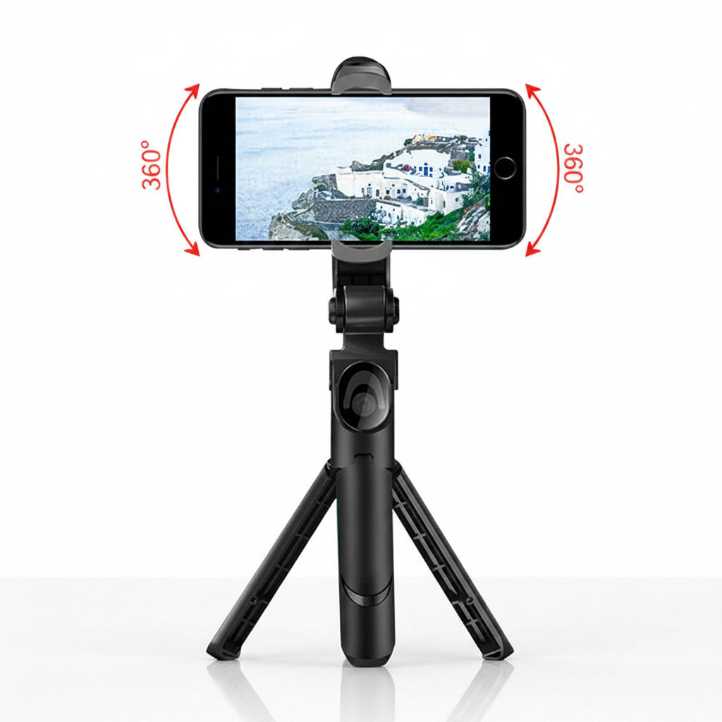 Black smartphone holder with tripod and phone displaying a scenic view on a white background