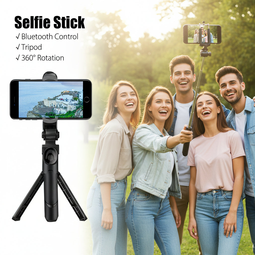Selfie stick with smartphone holder, tripod, and Bluetooth control features on a white background.