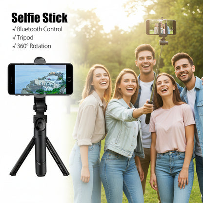 Selfie stick with smartphone holder, tripod, and Bluetooth control features on a white background.