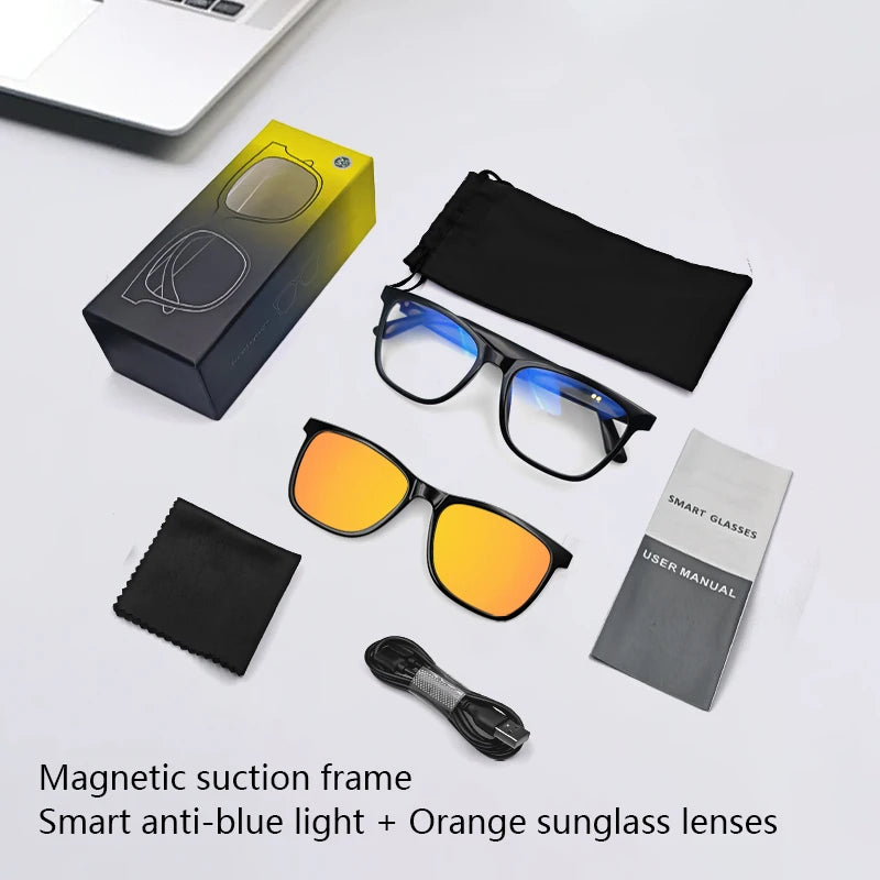 Smart glasses with packaging, user manual, and accessories on a white background