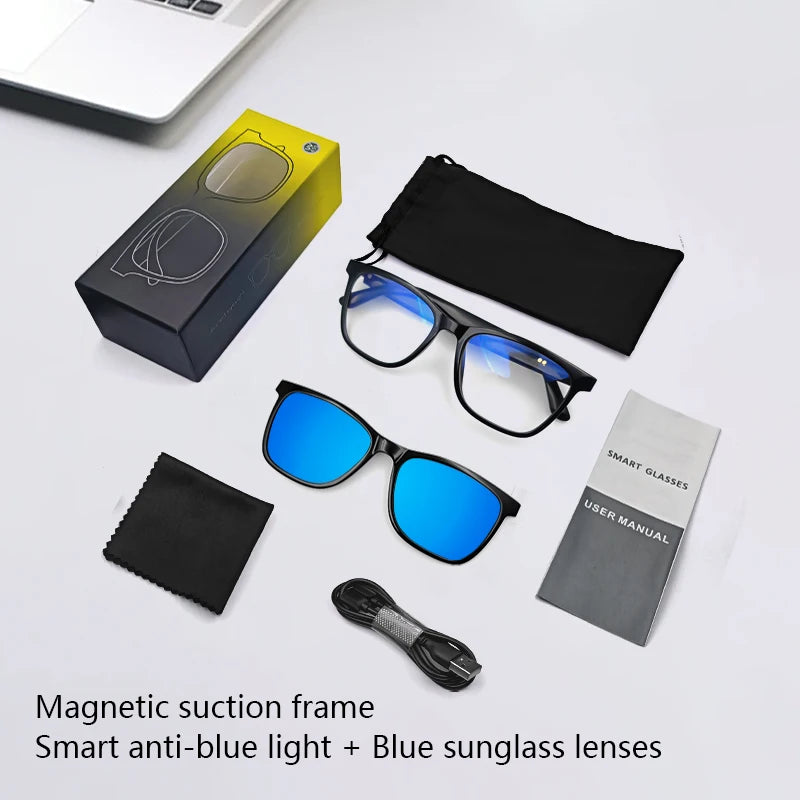 Smart glasses with packaging, cleaning cloth, and user manual on a white background