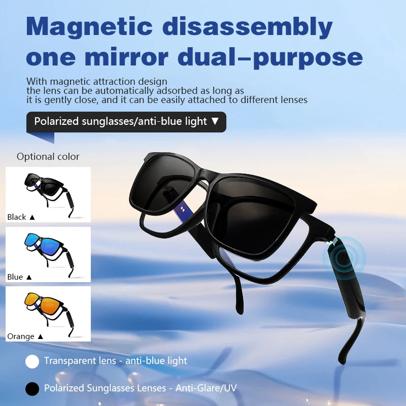 Magnetic disassembly one mirror dual-purpose sunglasses with different lens options on a blue gradient background.