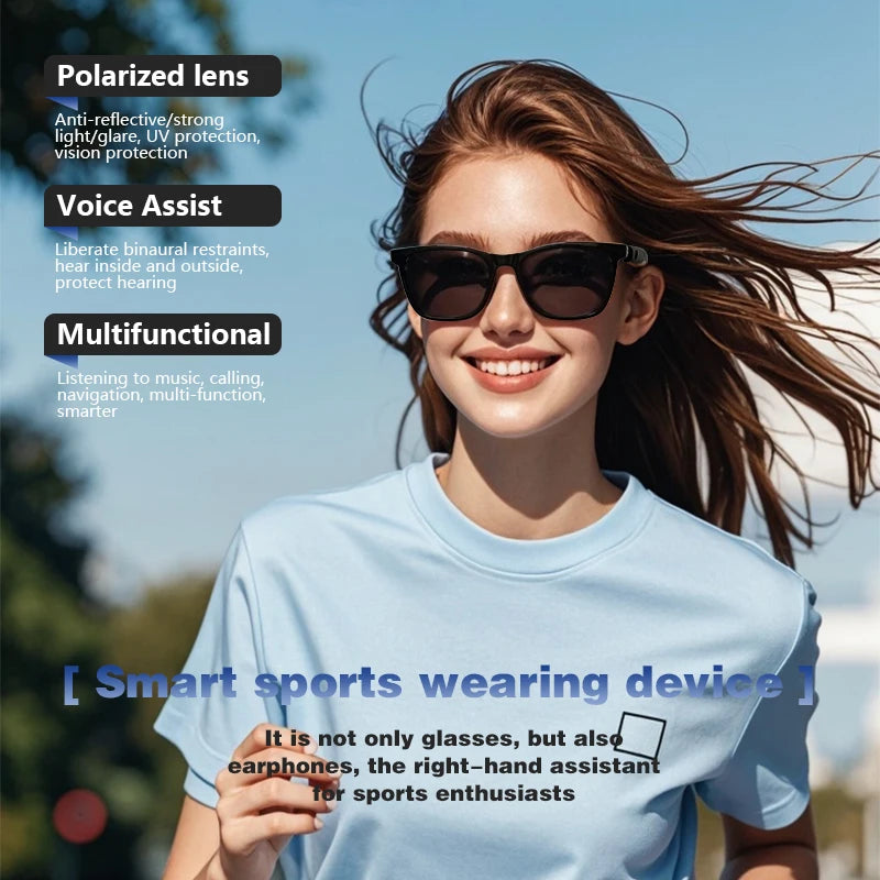 Woman wearing sunglasses with text highlighting features like polarized lens, voice assist, and multifunctional device.
