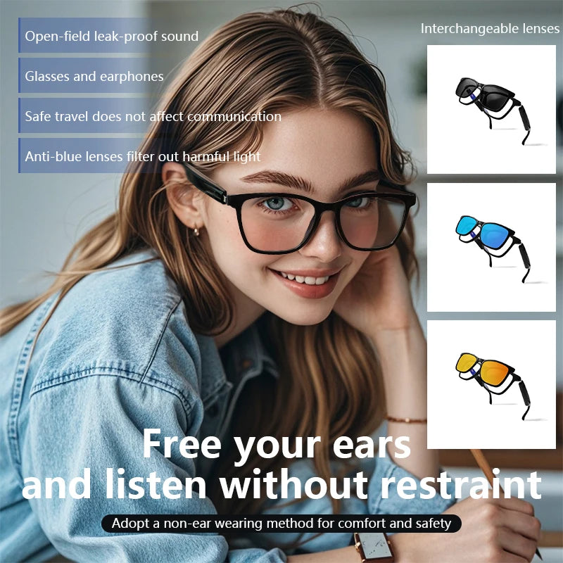 Woman wearing glasses with text about product features and benefits.
