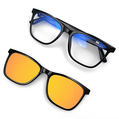Two pairs of glasses, one with black frames and blue-tinted lenses, the other with black frames and orange-tinted lenses, on a white background.