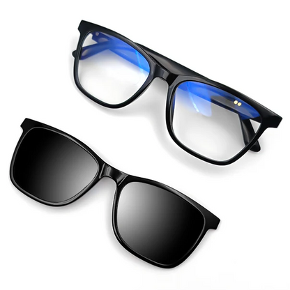 Two pairs of black-framed glasses with blue-tinted lenses and dark lenses on a white background.