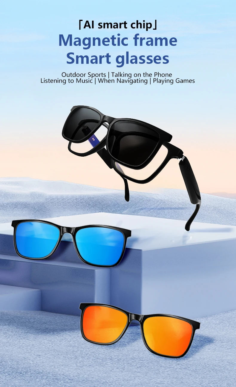 Three pairs of smart glasses with different colored lenses on a blue geometric background.