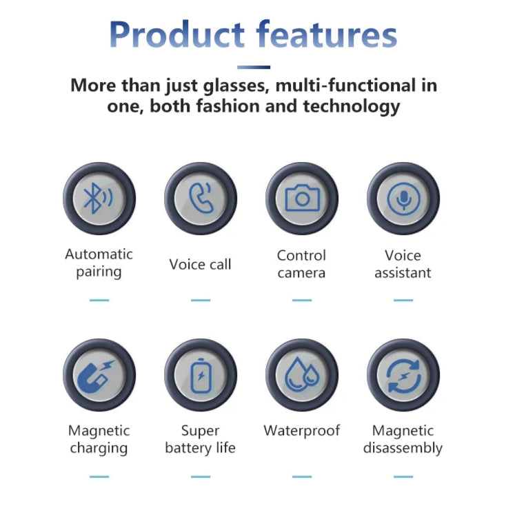 Product features list with icons and text on a white background