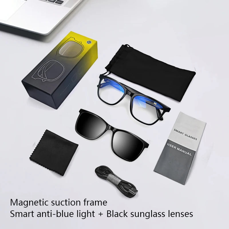Smart glasses with packaging, cleaning cloth, and user manual on a white background