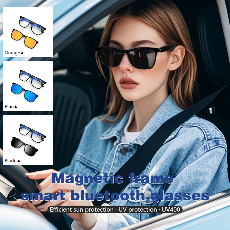 Woman wearing smart Bluetooth glasses with color options displayed.