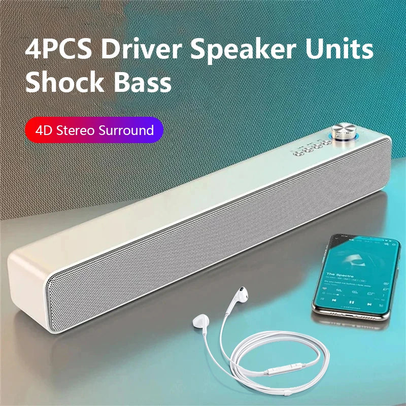 Soundbar with smartphone and headphones on a reflective surface, text about speaker units and bass.