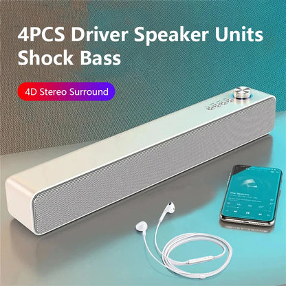 Soundbar with smartphone and headphones on a reflective surface, text about speaker units and bass.