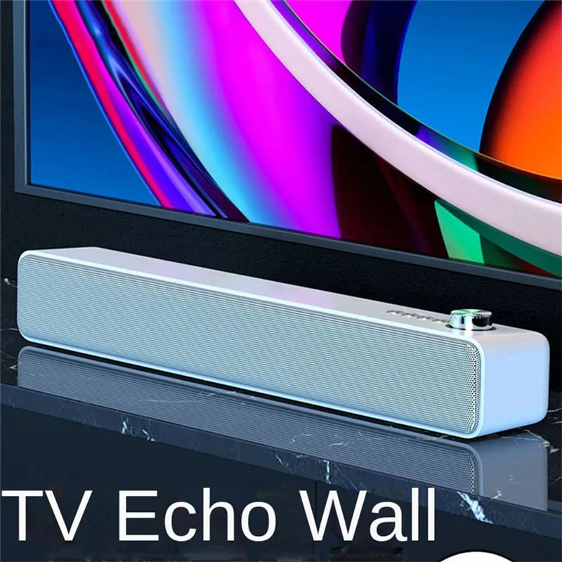 TV Echo Wall soundbar in front of a television displaying colorful content