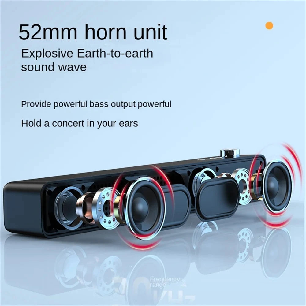Speaker with 52mm horn unit on a reflective surface with text about sound wave and bass output.