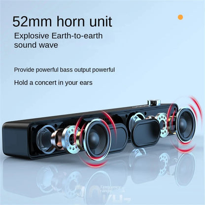 Speaker with 52mm horn unit on a reflective surface with text about sound wave and bass output.