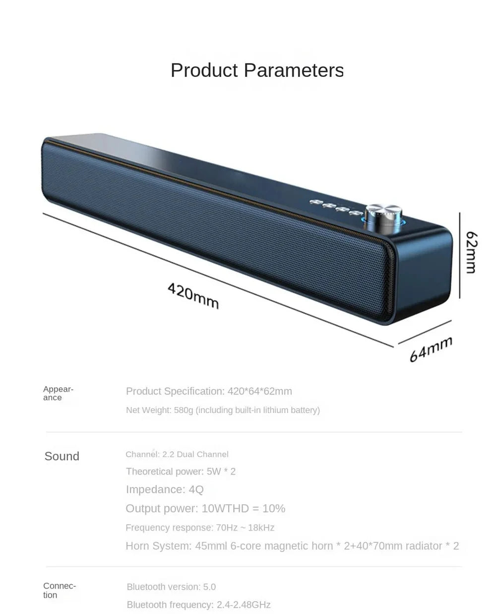 Blue Bluetooth speaker with dimensions and specifications on a white background
