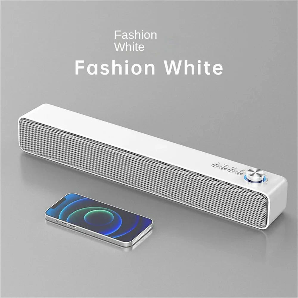 White soundbar with smartphone on a gray background, labeled 'Fashion White'.