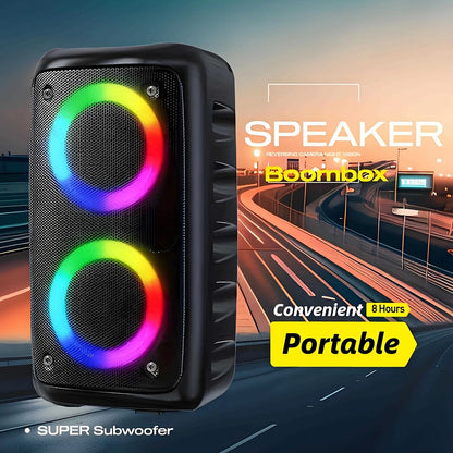 Portable speaker with RGB lighting on a road at night background