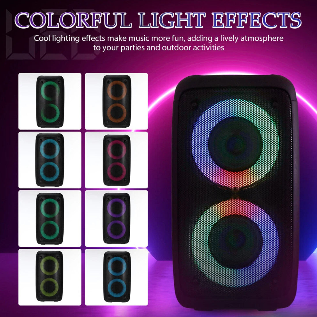 Black speaker with colorful light effects on a purple background