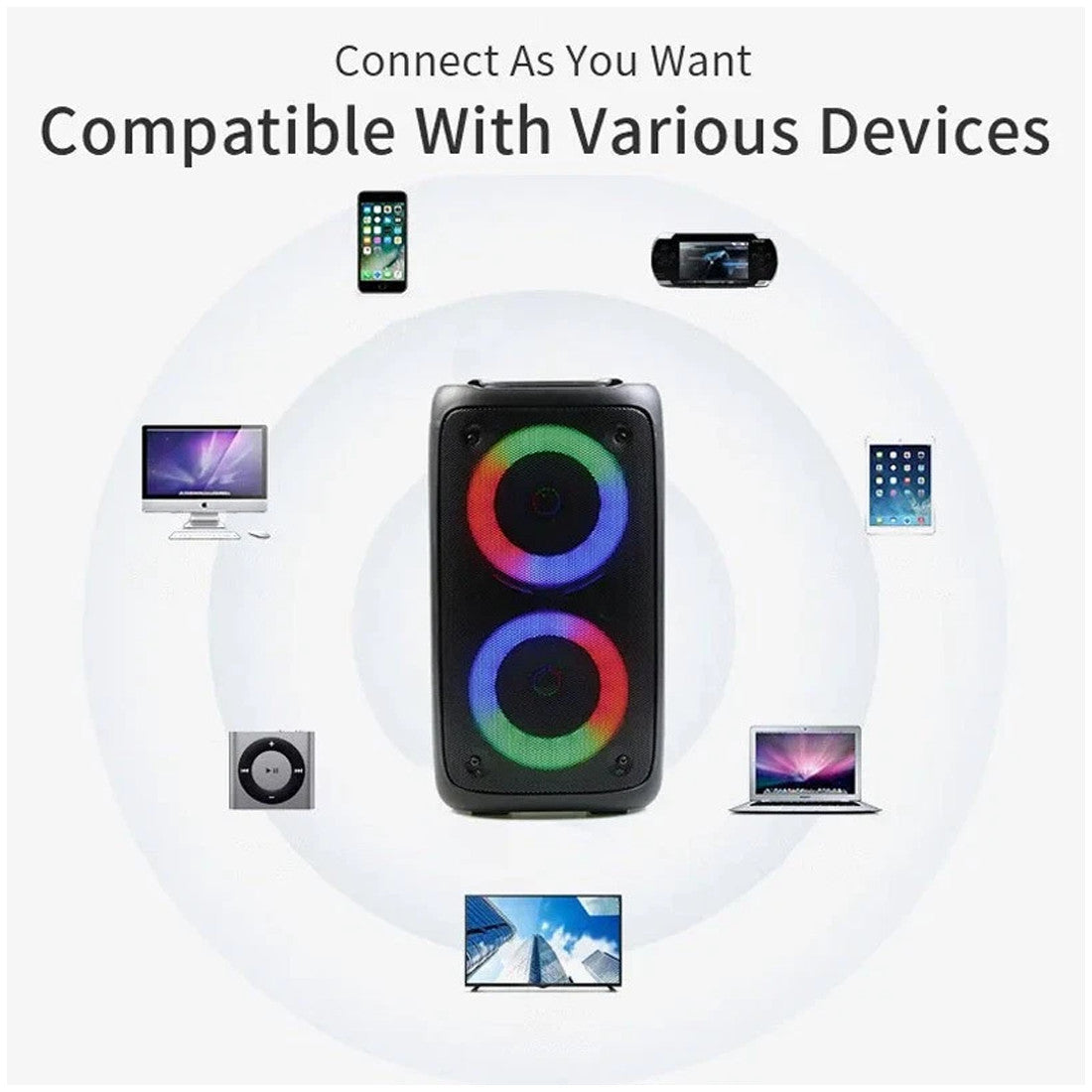 Portable speaker with colorful LED lights surrounded by icons of compatible devices on a white background.