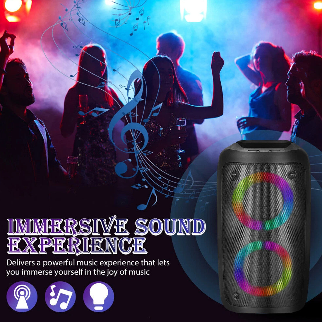 Black speaker with colorful lights on a background of people dancing at a concert, with text about immersive sound experience.