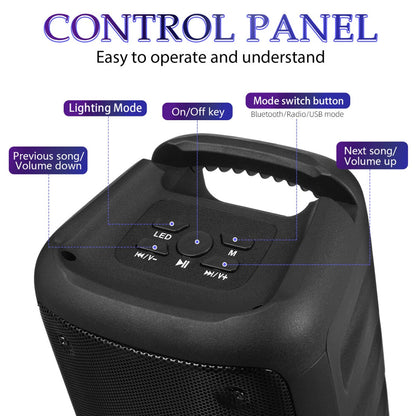 Control panel of a black portable speaker with labeled buttons on a white background