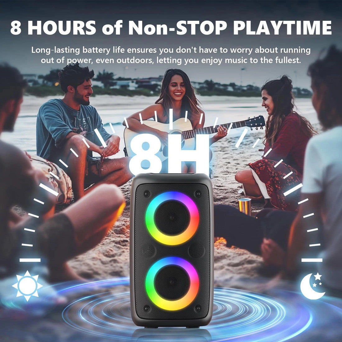 Portable speaker with colorful lights on a beach scene with people playing music.