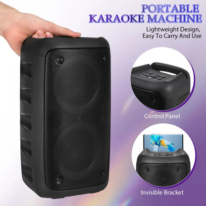 Portable karaoke machine with hand holding it, showing control panel and bracket on a purple gradient background.