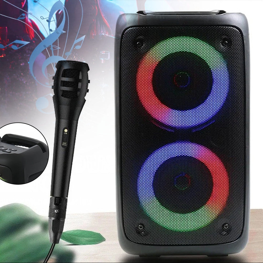 Bluetooth speaker with RGB lighting and a microphone on a white background