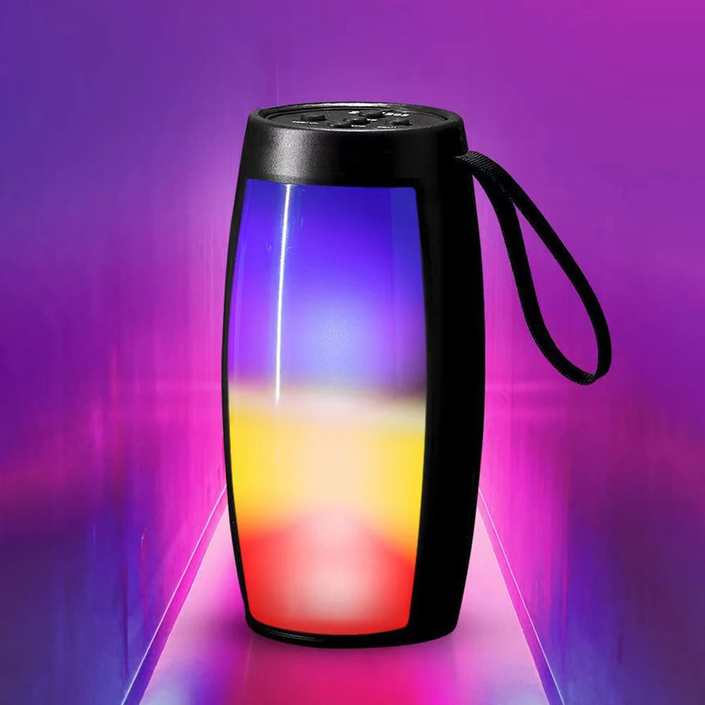 Colorful portable speaker with a gradient light effect on a purple background