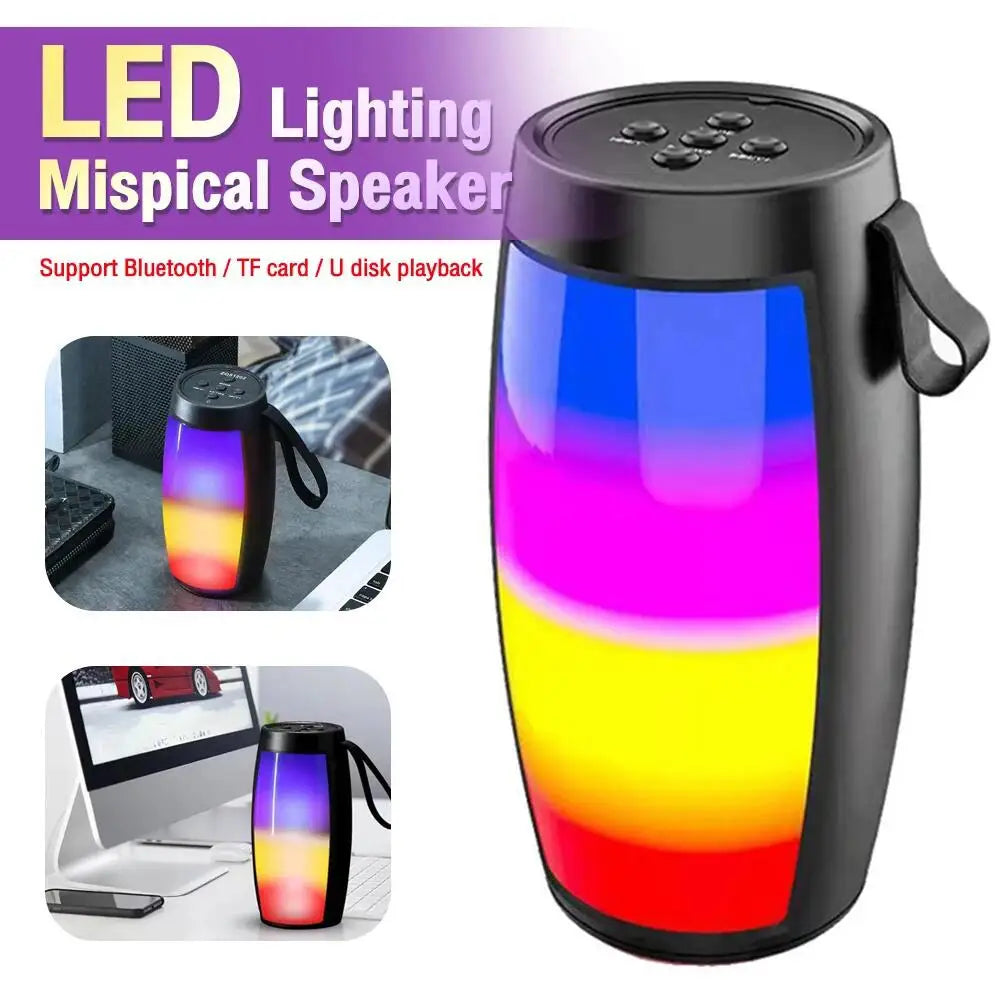 Colorful LED lighting speaker with Bluetooth and TF card support on a white background